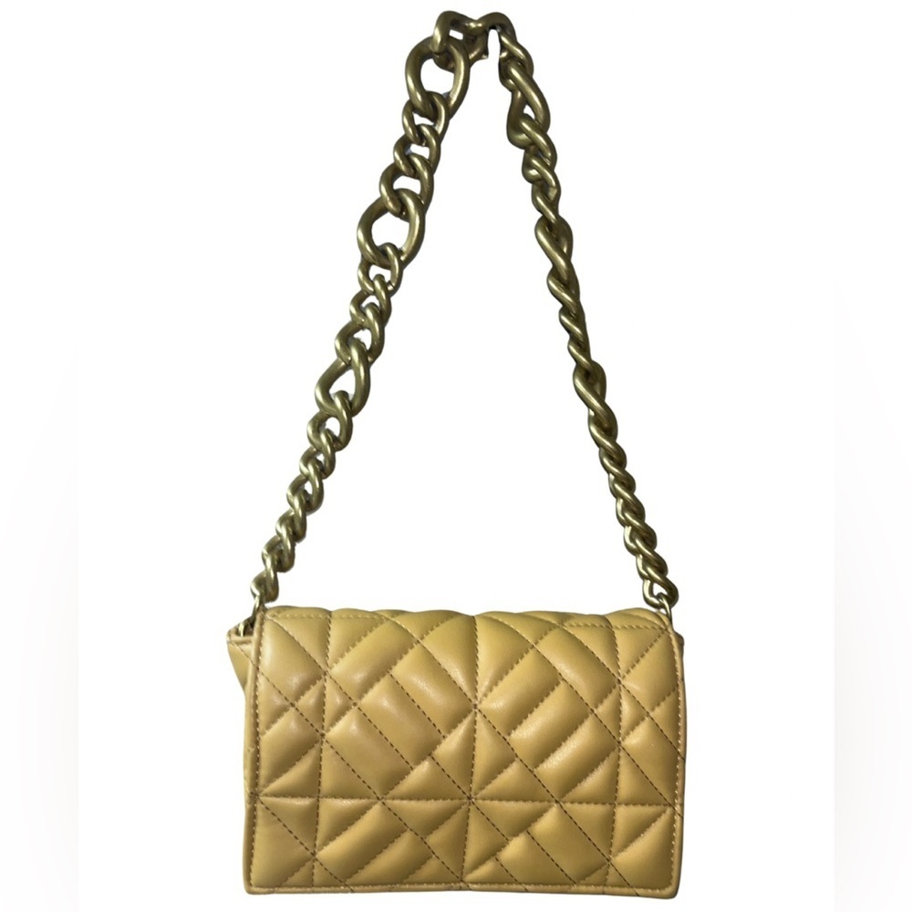 ZARA Quilted Faux Leather Shoulder Bag with Chunky Gold Chain | Mustard Yellow